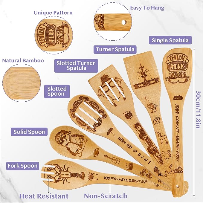 Gifts for Women,Friends Merchandise Wooden Cooking Spoons with Apron Oven Mitt Potholder,Best Birthday Wedding Housewarming Christmas Presents, Kitchen Decor (Friends tv spoon+++)