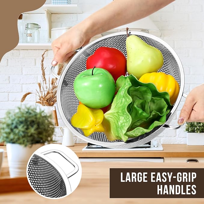 Norme 4 Quart Stainless Steel Silver Colander and 3 Pcs Silver Fine Mesh Strainer, Stainless Steel Pasta Rice Food Metal Strainer with Handles, Easy Clean and Dishwasher Safe