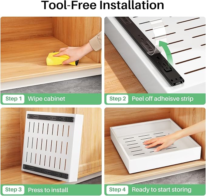 Pull out Cabinet Organizer, 21"Deep, 16.9"Wide Full-Extension Heavy Duty Slide out Drawers with Nano Adhesive, Roll Out Shelf Sliding Cabinet Storage for Kitchen, Bathroom, Pantry, Under Sink(White)