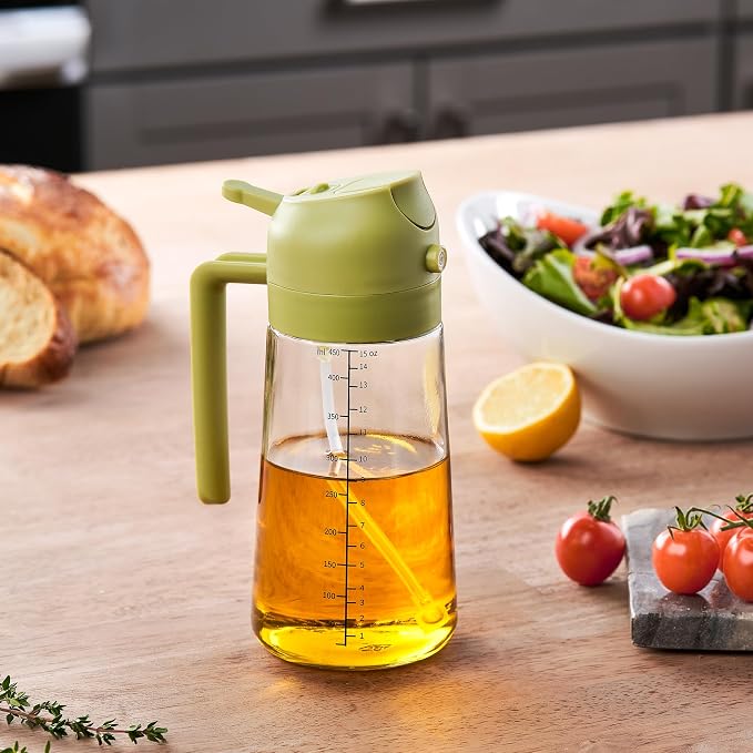FineDine 16 oz Glass Olive Oil Sprayer for Cooking, Oil Dispenser, Green | Glass 2-in-1 olive oil dispenser bottle, oil dispenser for kitchen, oil spray bottle, mist or stream, anti-drip spout, salads
