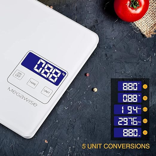 MEGAWISE Food Scale, 33lb Rechargeable Digital Kitchen Scale with 1g/0.04oz Graduation, Water-Resistant Surface, Tare & Hold, 5 Units for Cooking, Baking, Meal Prep