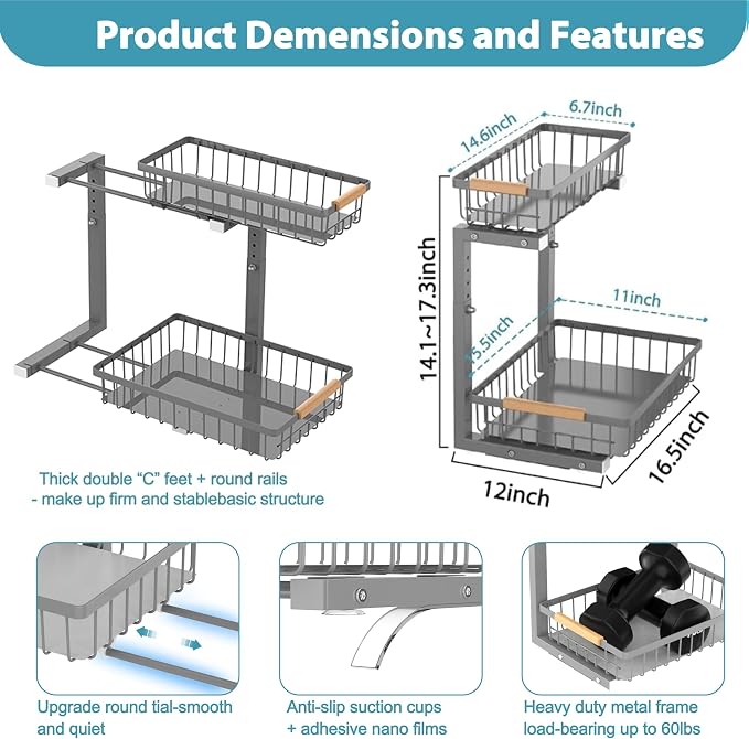 Liuoud Under Sink Organizer 2 Pack, 2 Tier Slide Out Large Capacity Height Adjustable Under Sink Organizers and Storage for Kitchen Bathroom Cabinet, Grey