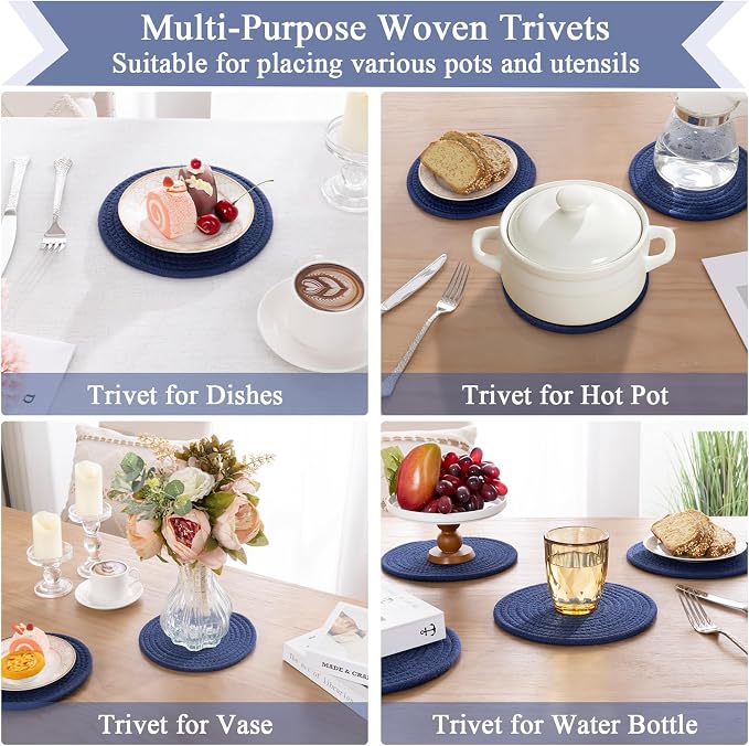 SHACOS 8 Inches Trivets for Hot Dishes, 4 Pieces Cotton Trivets Mats for Kitchen, Heat-Resistant Pot Holders for Countertops and Table, Hot Pads for Hot Pots and Pans, Navy Blue
