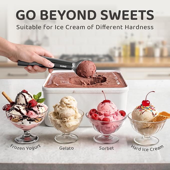 Heated Ice Cream Scoop Rechargeable, OHIYO Electric Icecream Scooper with 3 Temperature, LED Display & 3200mAh Fast Heating Scoop for Hard Ice Cream, Gelato, Frozen Yogurt & Sorbet (Black)