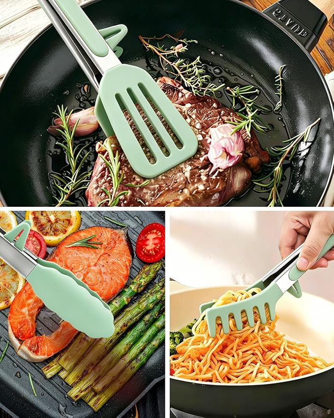 Kitchen Tongs for Cooking, Non Scratch Silicone Tip for Nonstick Cooking Pans, Food Grade Mini Serving Tongs, Pull Lock, Set of 3 (Green, 12 inch)
