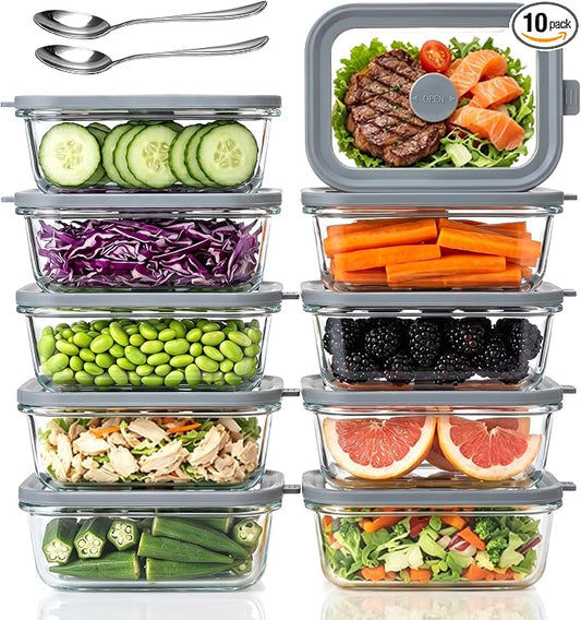 10 Pack 13oz Small Glass Meal Prep Containers with Glass Lids | 1.5 Cup Glass Food Storage Containers with Glass Lids, Airtight Lunch Containers for Microwave, Oven, Freezer and Dishwasher