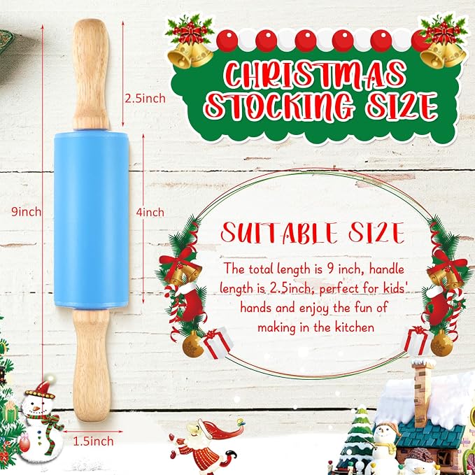 Thenshop 10 Pcs 9 Inch Mini Rolling Pins Kids with Wooden Handle, 5 Colors Silicone Non-stick Small Dough Roller for Kids, Home Kitchen Baking Supplies for Dough Clay Cookie Pastry Cake