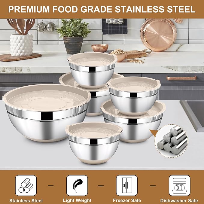 LIANYU 6 Piece Mixing Bowls Set with Airtight Lids, Metal Nesting Bowl | Size 7, 3.5, 2.5, 2, 1.5, 1QT, Stainless Steel Bowls for Kitchen Baking Cooking Serving Food Storage, Non-slip Bottom, Khaki