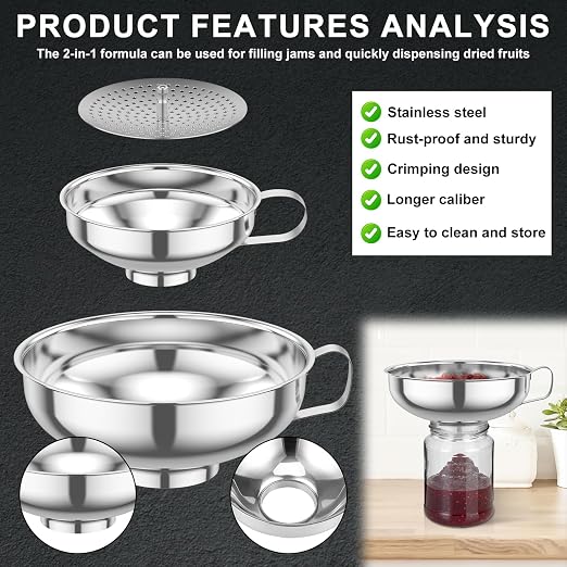 6 Piece Stainless Steel Canning Funnel Set with Strainers, Wide Mouth Mason Jar Funnels Family Pack, Metal Funnels for Filling Bottles, Canning Supplies for Preserving