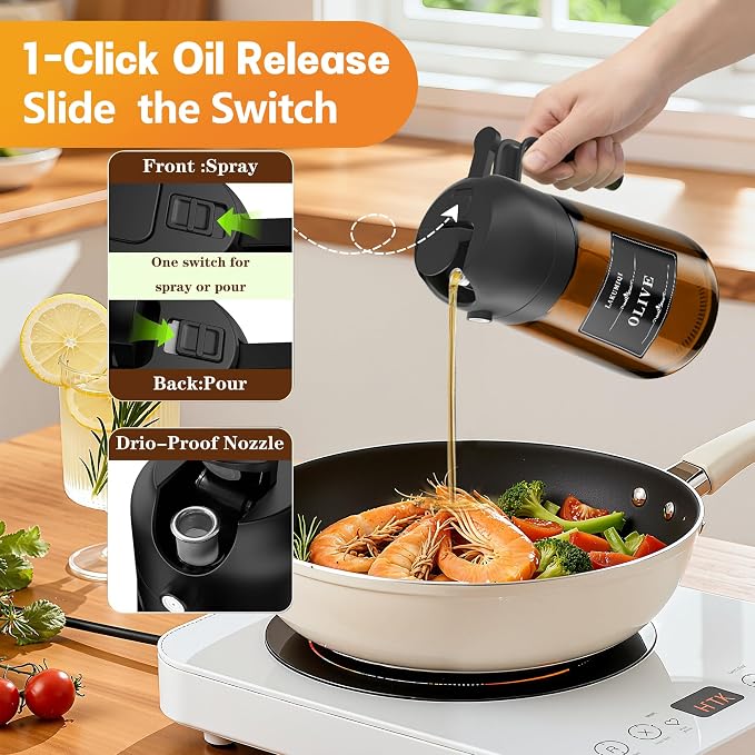 OURCABECUE 2 in 1 Olive Oil Sprayer for Cooking, 16oz/470ml Light-Blocking Dark Olive Oil Dispenser Bottle for Kitchen, Food-Grade Glass Oil Mister with 8 Oil Stickers