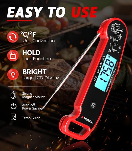 Atogou Professional Meat Thermometer Digital for Cooking Food, <1 Sec Instant Read & ±0.5℉ Accuracy, IP67 Waterproof, Thermocouple Sensor Probe, for Kithchen, BBQ, Grill, for Men Him Dad Birthday, Red