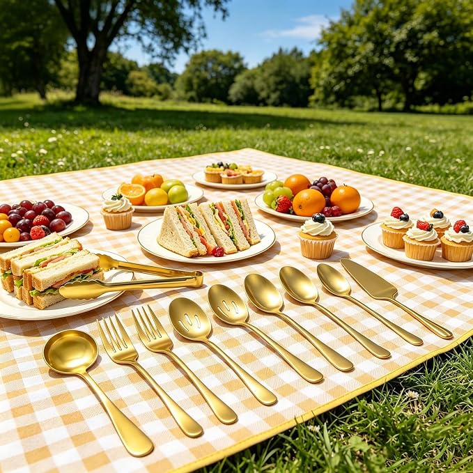 14 Pcs Gold Serving Utensils Include Stainless Steel Serving Spoons Slotted Spoons Forks Soup Serving Tongs Mix Spoon Server for Parties Buffet Catering (gold)