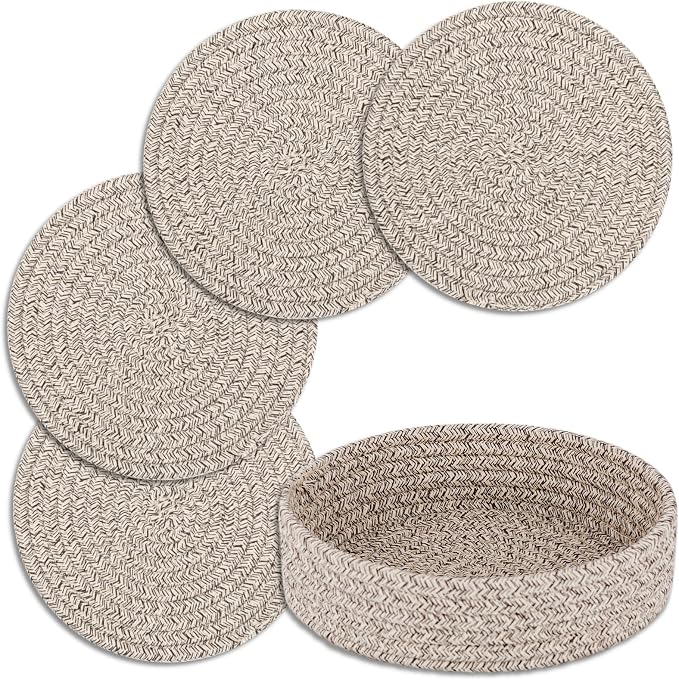 Trivets for Hot Dishes, Pots and Pans, Heat Resistant Hot Pads with Storage Basket, Pot Holders for Kitchen Countertop, Trivet Mats Home Essentials Farmhouse Decor (Brown 4 Pcs)