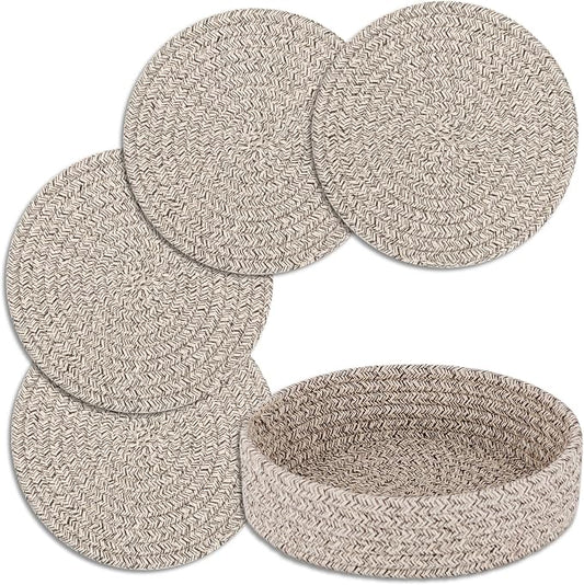 Trivets for Hot Dishes, Pots and Pans, Heat Resistant Hot Pads with Storage Basket, Pot Holders for Kitchen Countertop, Trivet Mats Home Essentials Farmhouse Decor (Brown 4 Pcs)