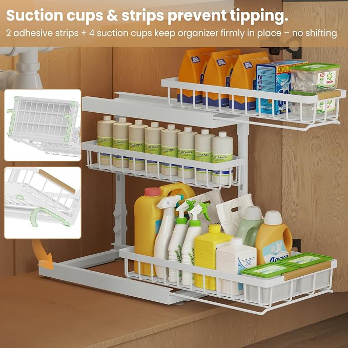 Under Sink Organizer and Storage for Bathroom and Kitchen - 2 Pack 3 Tier | Under Cabinet Pull Out Shelf Organizers - Slide Out Drawer Organization for Home Cabinets Shelves and Drawers