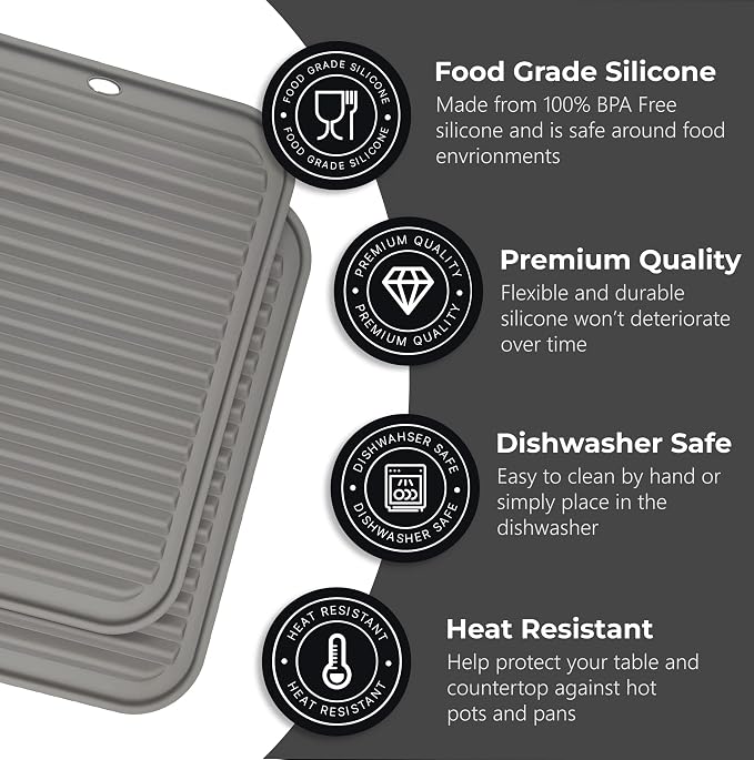 Silicone Trivets for Hot Dishes, Pots, Pans (4 Pack) - Heat-Resistant Pot Holders for Kitchen Countertop Mats - Silicone Trivet Mat (9 x 12 Inch) - Multipurpose Counter Pads (Grey)