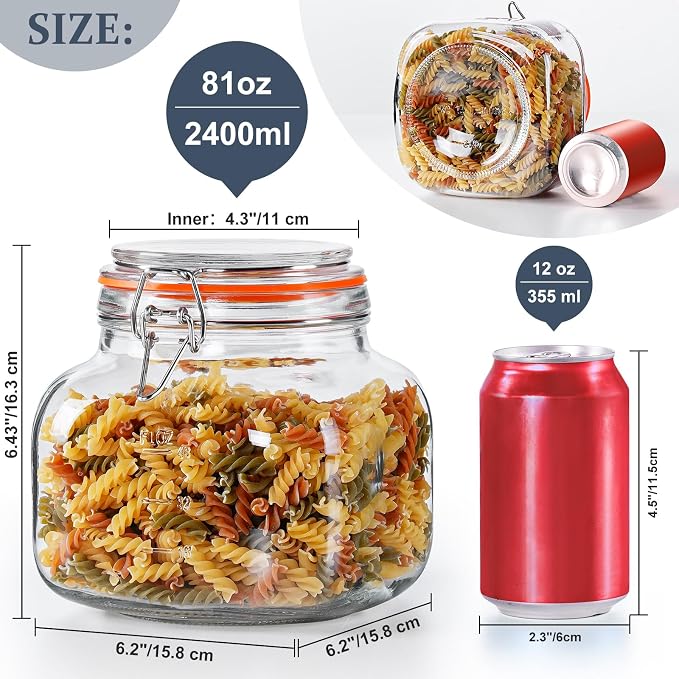 Glass Jars with Airtight Lid, 81oz Wide Mouth Canisters for Food Storage | 2 Pcs Storage Jars, Leakproof Seal Keeps Oat Fresh, Large Capacity, 4.3" Big Mouth, Square Shape Saves Space, Dishwasher Safe