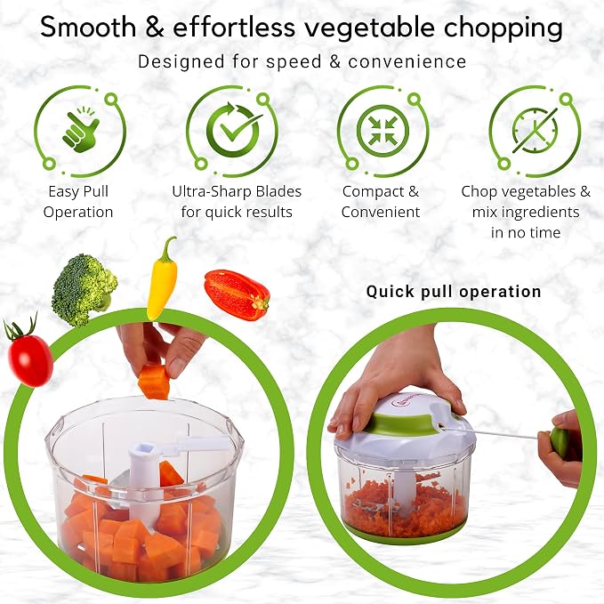 Brieftons QuickPull Manual Food Chopper, 4-Cup Hand Pull String Chopper, No Electricity, Chops Onion Tear-Free, Garlic, Vegetables, Herbs, Nuts for Salsa, Guacamole, Pesto, Baby Food, RV, Camping