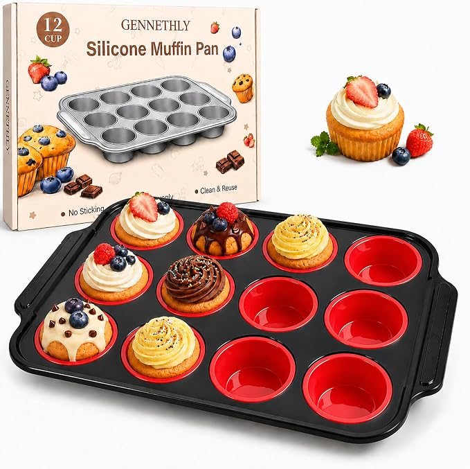 Silicone Muffin Pans for Baking, 12-Cup Muffin Tin with Metal Frame | Reinforced Metal Frame, 12-Cup Size, Easy Release Cups, Nonstick Silicone, Oven & Dishwasher Safe