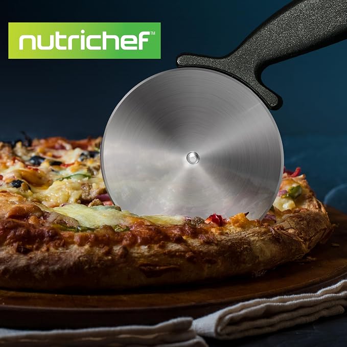 NutriChef 4-Inch Pizza Cutter Wheel - Sharp Stainless Steel Slicer with Built-in Finger Guard & Non-Slip Plastic Handle - Cuts Through Crusts, Bread, Pies, Dough, & More - Dishwasher Safe