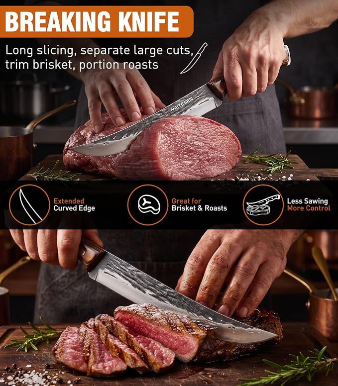 Naitesen 4PCS Hand Forged Butcher Knife and Kitchen Knife 2 in 1 Set | Gift Box Razor Sharp Heavy Duty Meat Cleaver Serbian Chef Knife Breaking Knife Boning Knife for Meat Cutting BBQ Kitchen Use