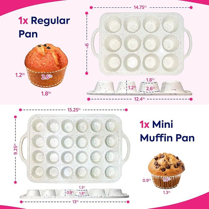 2 Pack Silicone Muffin Pans for Baking with Metal Reinforced Frame - Regular 12 Cup Silicone Muffin Pan & 24 Cup Mini Cupcake Pans - Silicone Cupcake Pan Set - Oven & Dishwasher Safe, BPA-Free