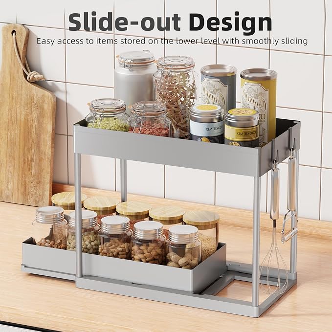 Simple Trending Under Sink Organizer 2 Pack, with Sliding Drawer, Grey | 2-Tier Multi-Use Under Shelf Organizer with Hooks, Sink Pull-Out Sliding Storage Cabinet for Kitchen Bathroom, Easy Assembly