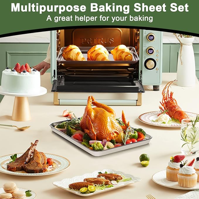 Baking Sheet Tray Cooling Rack with Silicone Mat Set, Stainless Steel Cookie Pan For Oven, Set of 9 (3 Sheets + 3 Racks Mats), Warp Resistant & Heavy Duty & Easy Clean, Grey