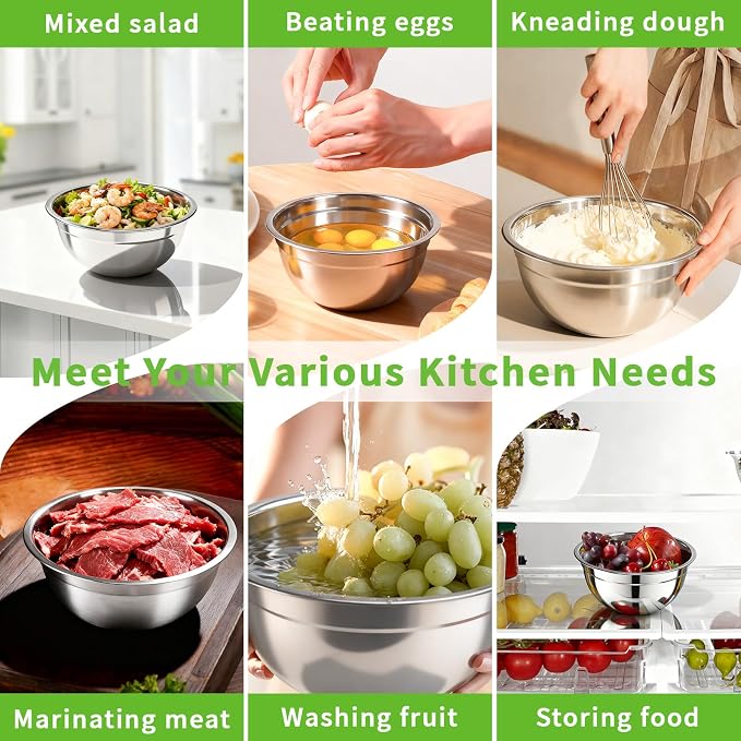 Stainless Steel Mixing Bowls with Color Lids, 7-Piece Set | Includes 7 bowls (0.7-4.5 QT) with colorful lids, stackable stainless steel mixing bowls for baking, serving and storage