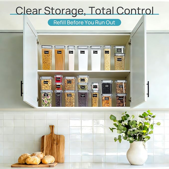 Vtopmart Airtight Food Storage Containers with Lids, 24 pcs, Black | For Cereal Pasta Snack Flour Sugar, BPA Free, Airtight Seal, Multiple Sizes, Dishwasher Safe (Not Lids), Includes 24 Labels