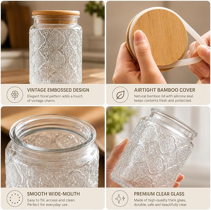 Glass Storage Jars With Airtight Lid, 35oz Canister For Kitchen Counter with Bamboo Lid, brown sugar, candy, coffee, cookie, salt, tea,pantry cute Jar (35oz Large Begonia Flowers)
