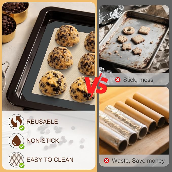 HOTEC Silicone Baking Mats 3 Pack – Thickened Non-Stick Reusable Silicone Baking Sheets for Oven – Cookie & Macaron Mats – 2 Half Sheet + 1 Quarter Sheet – BPA-Free, Dishwasher Safe
