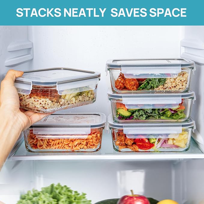 Vtopmart 5Pack 30oz Glass Meal Prep Container Sets with Lids, Grey | Glass Food Storage Containers, Snap Airtight Lid, For Microwave, Oven, Freezer and Dishwasher Safe, BPA Free