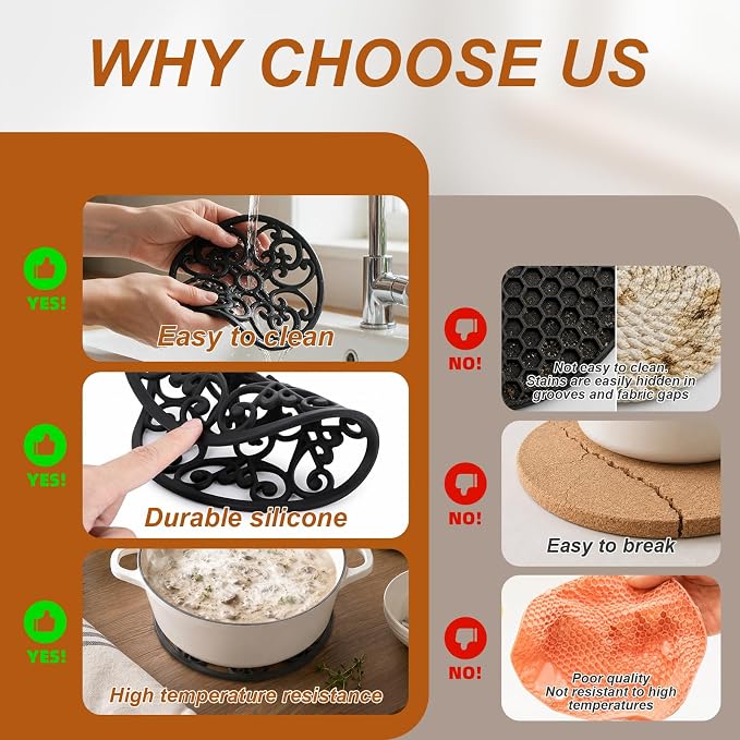 Kirecoo 3PCS Heat Resistant Silicone Trivet Mats for Hot Dishes | Non-Slip Flexible, Protects Table & Countertop, For Pots Pans Teapots, Modern Kitchen Decor