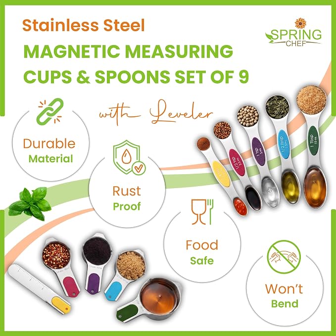 Spring Chef Magnetic Measuring Cups & Spoons Set of 10, Patented, Multicolor