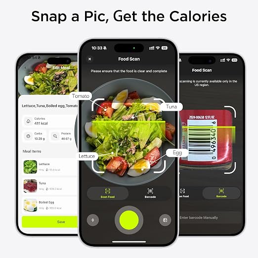 Ultrean Smart Food Kitchen Scale with Nutritional Calculator, APP for Calorie & Macro Tracking, AI Powered, Goal Progress, Digital Calorie Scale for Weight Loss, Stainless Steel, 22lb
