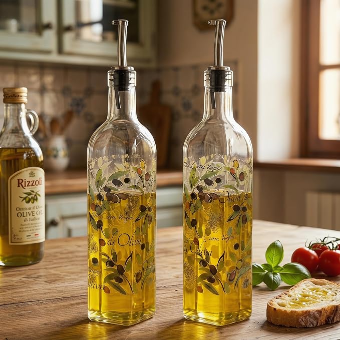 Topadorn 2-Pack Glass Olive Oil Dispenser Bottles – 17oz Cruet Set with Stainless Steel Spout, Leak-Resistant Oil & Vinegar Pourer, Food-Safe Kitchen Storage Set