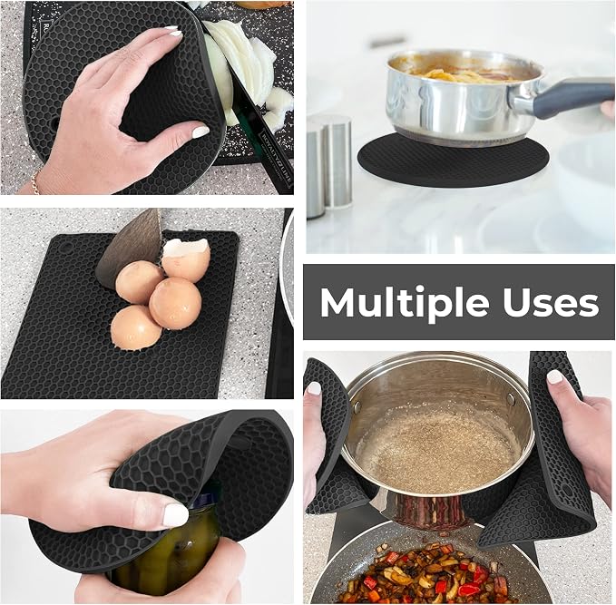 Silicone Trivets for Hot Dishes, Pots, Pans (4 Pack) - Heat-Resistant Pot Holders for Kitchen Countertop Mats - Silicone Trivet Mat - Multipurpose Counter Pads (Black)