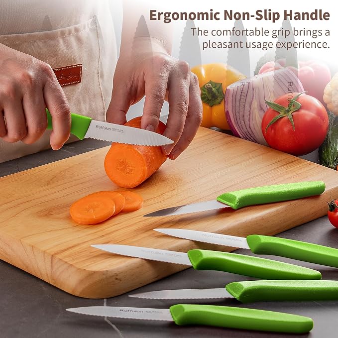 Stainless Steel Paring Knife With Serrated Blade, 6 Pieces Set Vegetable and Fruit Knife, Ultra Sharp Small Kitchen Knife,Green Paring Knives with PP Plastic Ergonomic Handle.