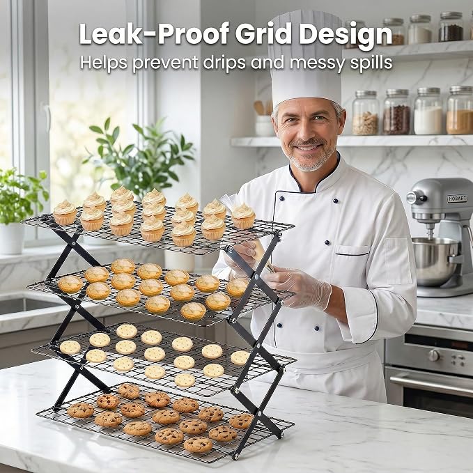 4-Tier Stackable Cooling Rack for Baking, Heavy Duty Stainless Steel Baking Rack, Foldable Space Saving Design, Oven Safe Wire Rack Fits Quarter Sheet & Jelly Roll Pans, Dishwasher Safe
