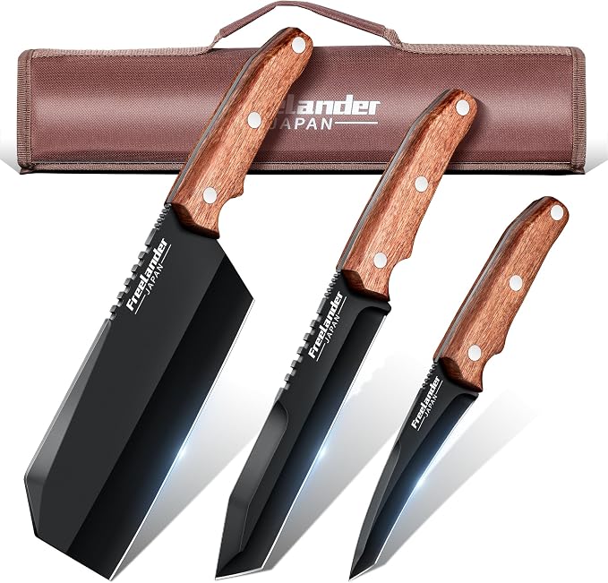 Freelander Butcher Knife Set 3 PCS, Japanese Chef Knife Set with Roll Bag, Full Tang Meat Cleaver for Kitchen & Camping & BBQ, Gift for Men