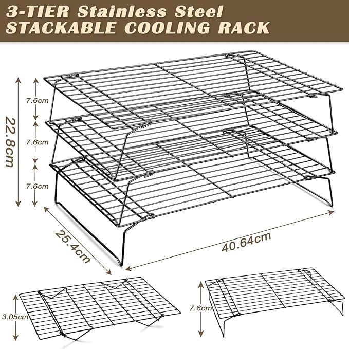 Pleafind Stackable Cooling Rack Set - 3 Pieces 16 x 10 Inch Stainless Steel Roasting Rack, Heavy Duty Cooling Racks for Cooking and Baking, Oven and Dishwasher Safe Bacon Rack, Black