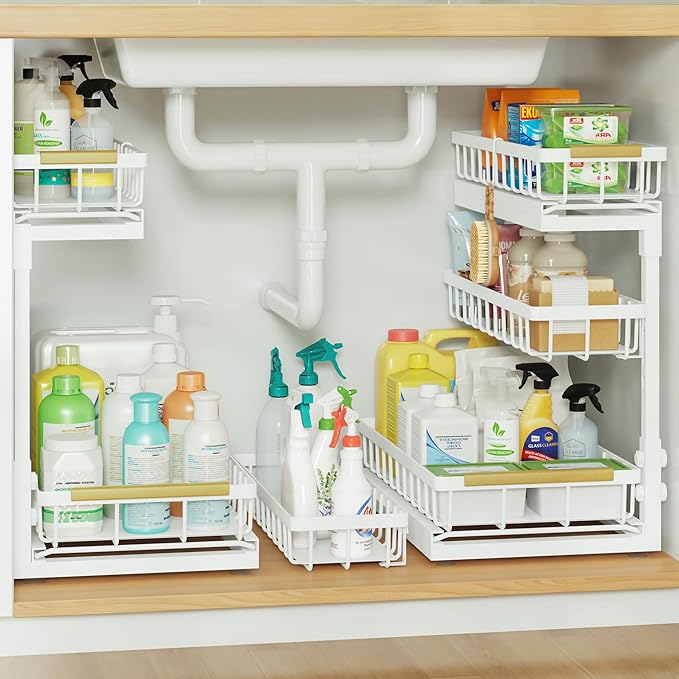 Under Sink Organizer and Storage for Bathroom and Kitchen - 2 Pack 3 Tier | Under Cabinet Pull Out Shelf Organizers - Slide Out Drawer Organization for Home Cabinets Shelves and Drawers