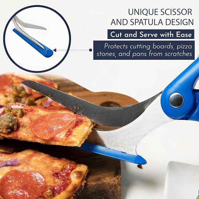 Pizza Scissors - Non-Stick Pizza Scissors with Firm Grip Base - Food Grade Stainless Steel Pizza Cutter - 5-in-1 Food Slicer & Pizza Server - Durable, Safe & Mess Free - Blue