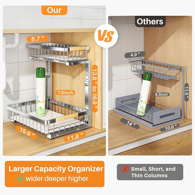 PXRACK Under Sink Organizer, Adjustable Height, 2 Tier Pull Out Cabinet Organizer, Slide Out Thickened Metal Storage for Kitchen Bathroom Laundry Pantry Cabinet, Stainless Steel, Silver, Large-2-Pack