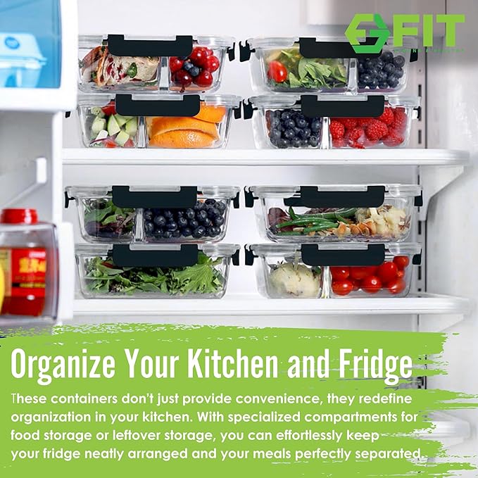 Glass Meal Prep Containers 2 and 3 Compartments, Leak-Proof, 32 oz, 4 Pack | Bento Box Lunch Containers Set, Food Storage Portion Control Snack Boxes, Airtight Lids, Dishwasher Oven Freezer Safe, Black