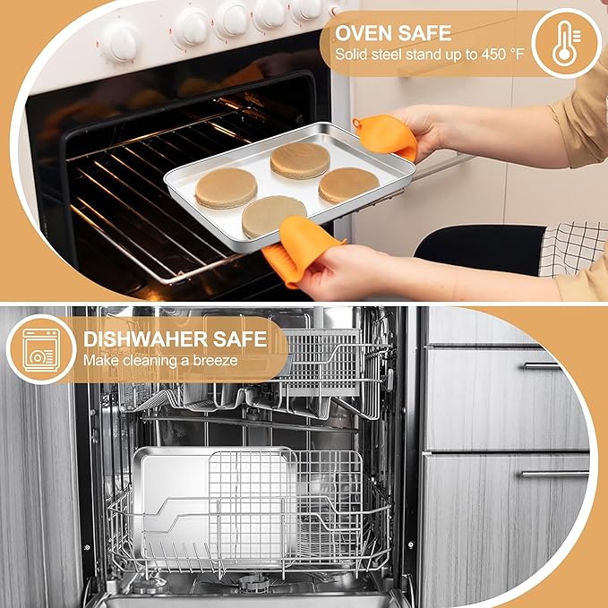 E-far Baking Sheet with Wire Rack Set, 9.5" x 7.3" (1 Pan +1 Cooling Rack) | Stainless Steel Sheet Pan with Rack Set for Toaster Oven, Mini Metal Tray for Cooking Roasting, Non-Toxic, Dishwasher Safe