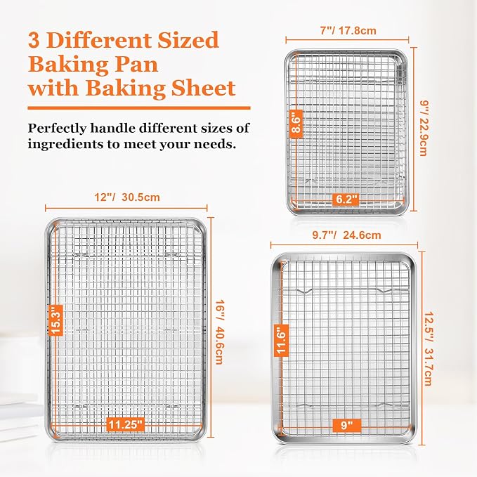 16"+12.5"+9" Baking Sheet with Wire Rack, Leonyo Stainless Steel Baking Sheet & Cooling Rack, Commercial Nonstick Cookie Tray Pan for Kitchen Cooking, Oven Roasting - 6 Pack