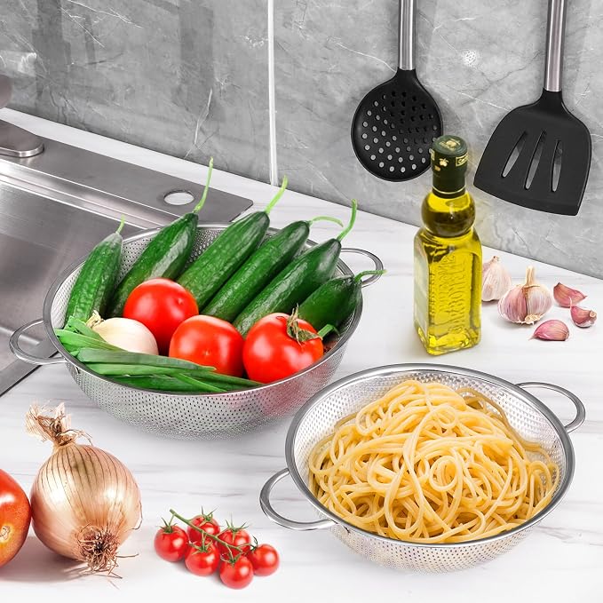 E-far 3QT & 5QT Colander Set of 2, Stainless Steel Micro-Perforated Colander Strainer with Handle for Kitchen/Draining Pasta/Rinsing Vegetables Fruits, Heavy Duty Metal & Dishwasher Safe