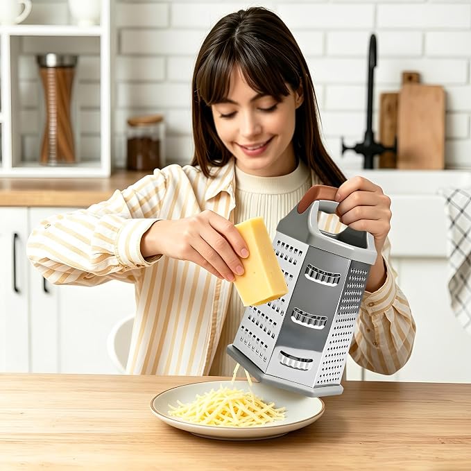 Box grater for kitchen 6 Sided - Cheese Graters Handheld, Stainless Steel Shredder for Food Vegetable Carrot Potato Tomato (Brown)